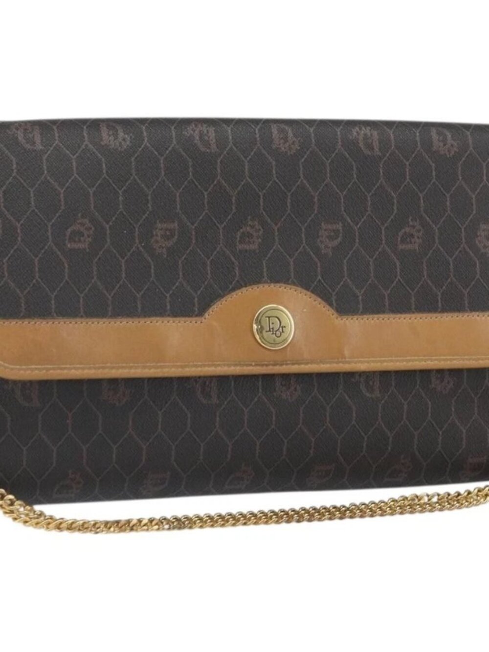 Christian Dior Honeycomb Canvas Chain Shoulder Bag PVC Black Gold Auth ka2204